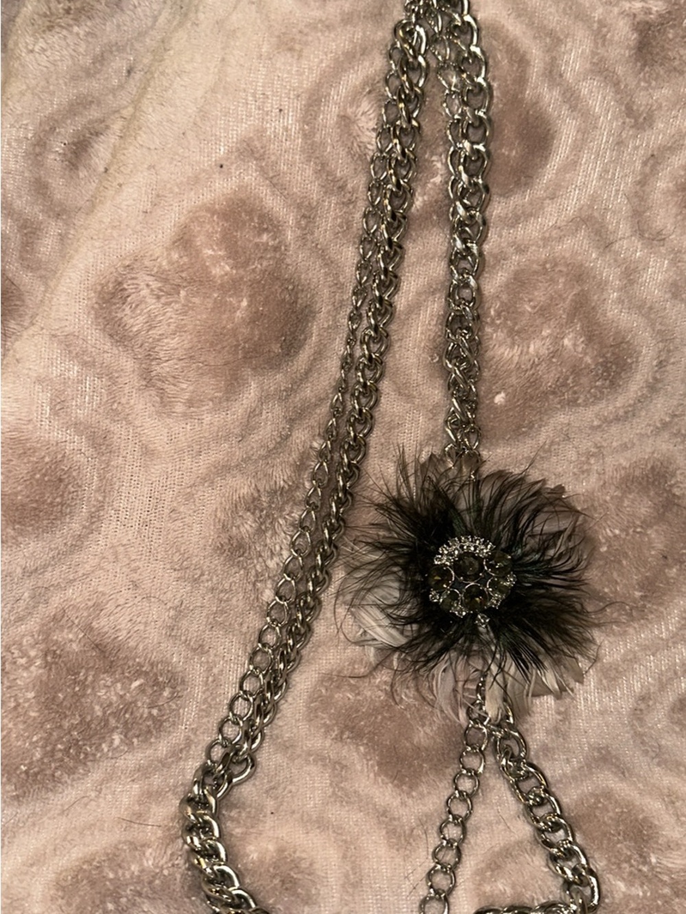 Stella & Dot Silver Chain Necklace with Black Feather & Crystal Flower